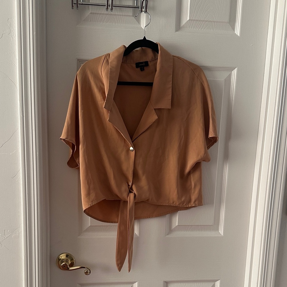 Women's Tan Button-Up Tie Front Top